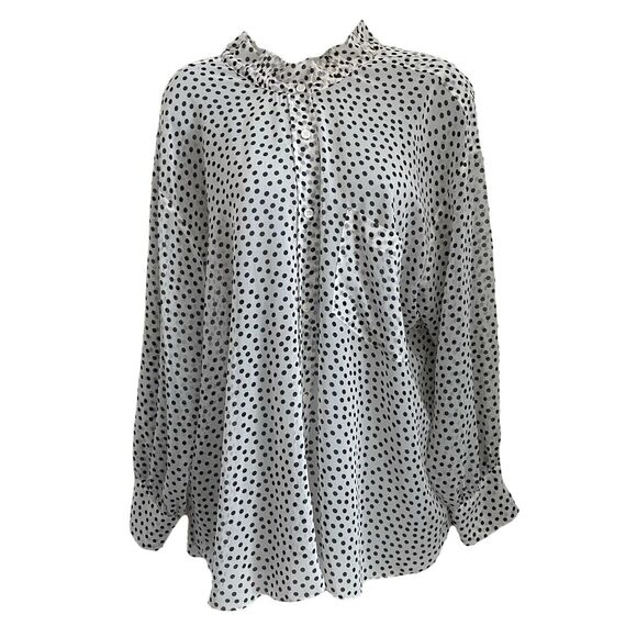 ZARA XS Blouse Popover Button Front Polka Dot White Black Ruffle Top - Picture 1 of 9